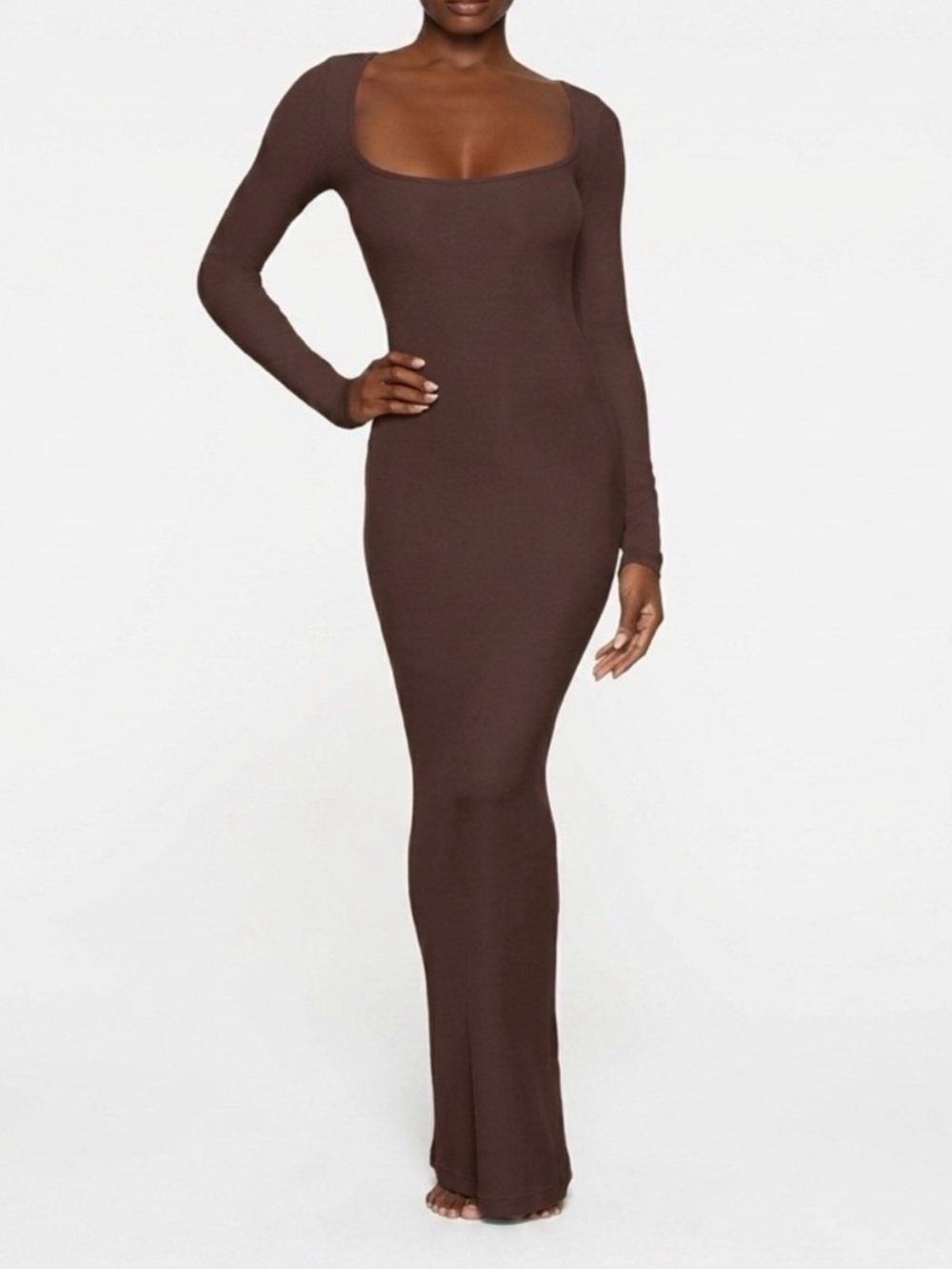 SKIMS Soft Lounge Long Sleeve Cocoa Brown Square Neck Maxi Dress